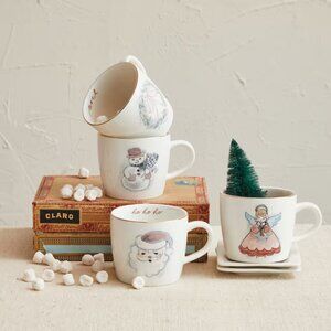 Set of Four Creative Co-op 12oz. Snowman, Angel, Wreath & Santa Mugs/NWT